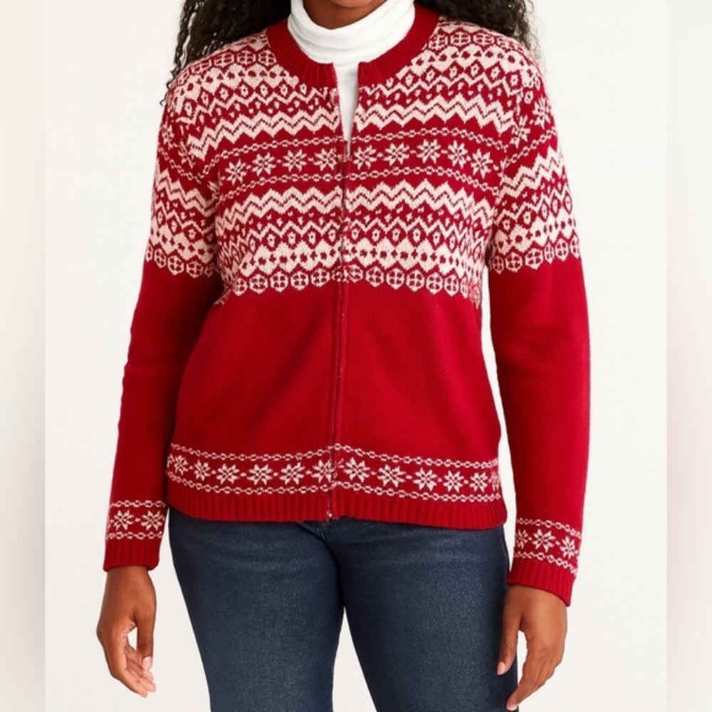 Jones New York Fair Isle Full Zip Knit Sweater Red Ivory Size Medium - Picture 14 of 14